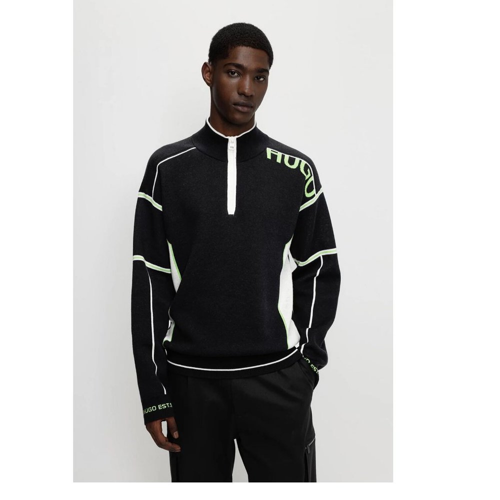 NEW  HUGO Men's OVERSIZED-FIT LOGO SWEATER WITH ZIPPED NECKLINE